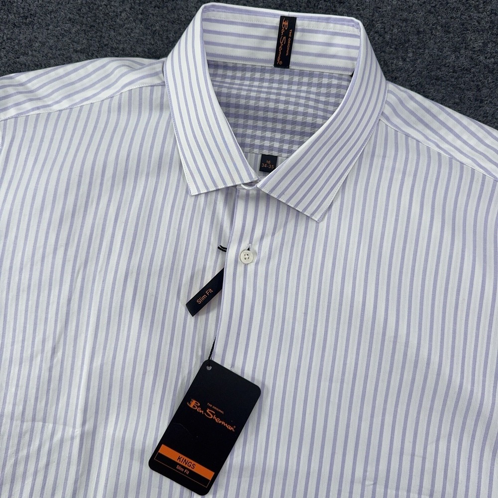 Ben Sherman Mens 16 34/35 Lavender Striped Button Down Slim Fit NWT - Picture 2 of 12